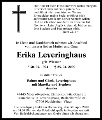 Traueranzeige von Erika Leveringhaus von Tageszeitung