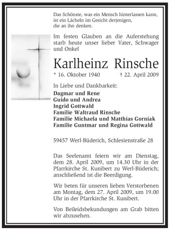 Traueranzeige von Karlheinz Rinsche von Tageszeitung