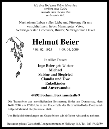 Traueranzeige von Helmut Beier von Tageszeitung