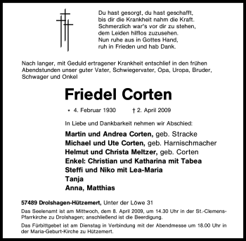 Traueranzeige von Friedel Corten von Tageszeitung