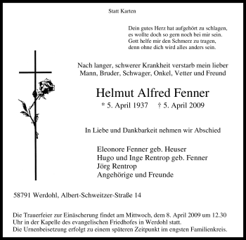 Traueranzeige von Helmut Alfred Fenner von Tageszeitung