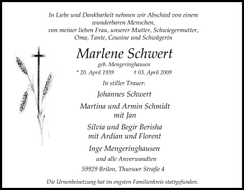 Traueranzeige von Marlene Schwert von Tageszeitung