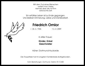 Traueranzeige von Friedrich Omlor von Tageszeitung