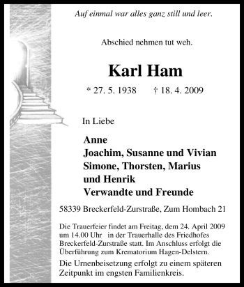 Traueranzeige von Karl Ham von Tageszeitung