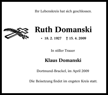 Traueranzeige von Ruth Domanski von Tageszeitung