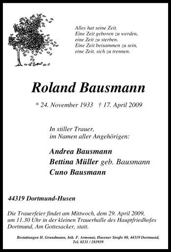 Traueranzeige von Roland Bausmann von Tageszeitung