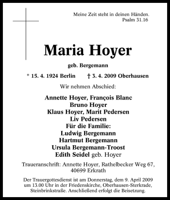 Traueranzeige von Maria Hoyer von Tageszeitung