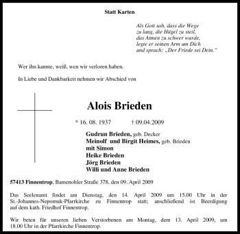 Traueranzeige von Alois Brieden von Tageszeitung