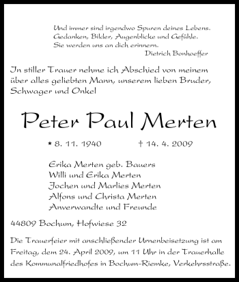 Traueranzeige von Peter Paul Merten von Tageszeitung