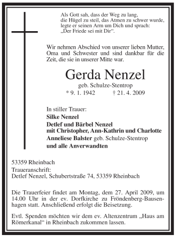 Traueranzeige von Gerda Nenzel von Tageszeitung