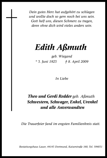 Traueranzeige von Edith Aßmuth von Tageszeitung