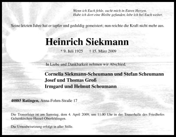 Traueranzeige von Heinrich Siekmann von Tageszeitung