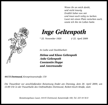 Traueranzeige von Inge Geltenpoth von Tageszeitung