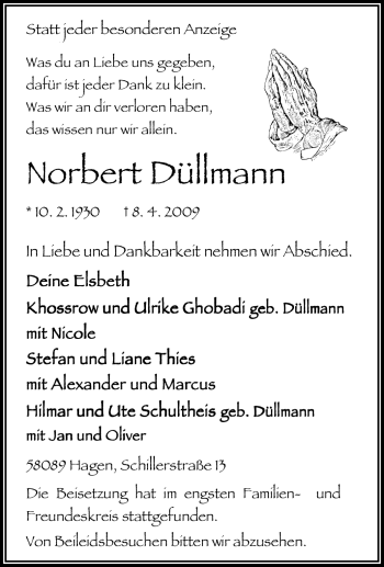 Traueranzeige von Norbert Düllmann von Tageszeitung