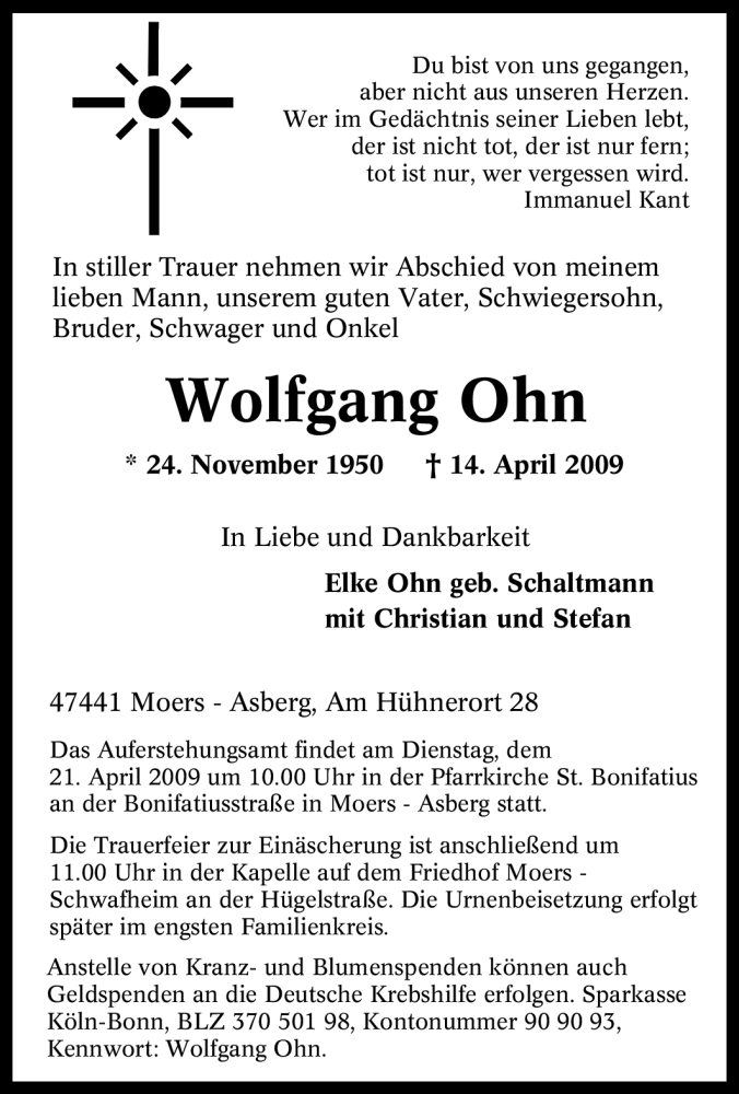  Traueranzeige für Wolfgang Ohn vom 18.04.2009 aus Tageszeitung
