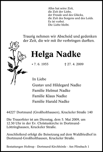 Traueranzeige von Helga Nadke von Tageszeitung