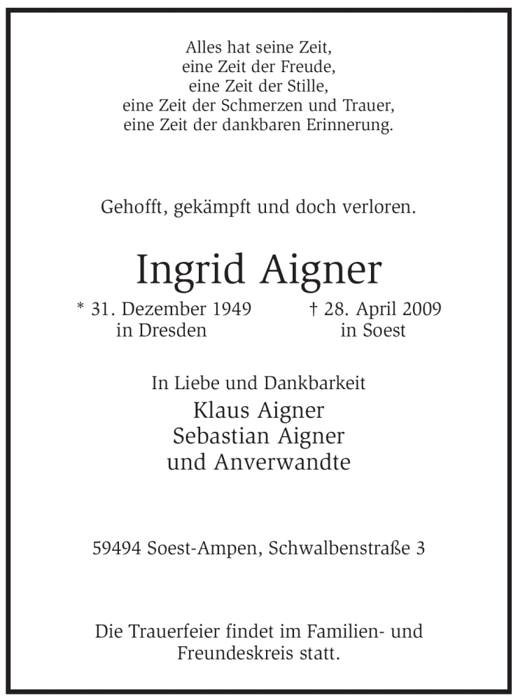 Traueranzeigen von Ingrid Aigner Trauer in NRW.de