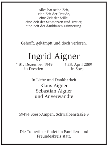 Traueranzeige von Ingrid Aigner von Tageszeitung