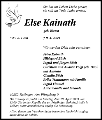 Traueranzeige von Else Kainath von Tageszeitung