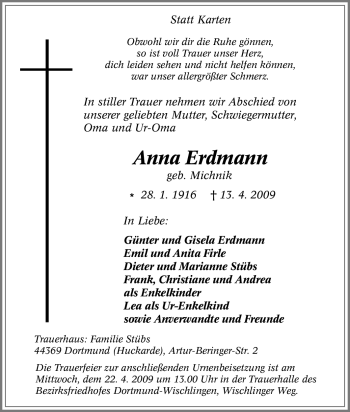 Traueranzeige von Anna Erdmann von Tageszeitung