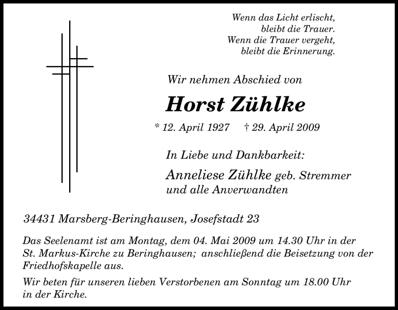  Traueranzeige für Horst Zühlke vom 30.04.2009 aus Tageszeitung
