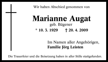 Traueranzeige von Marianne Augat von Tageszeitung