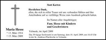 Traueranzeige von Maria Hesse von Tageszeitung