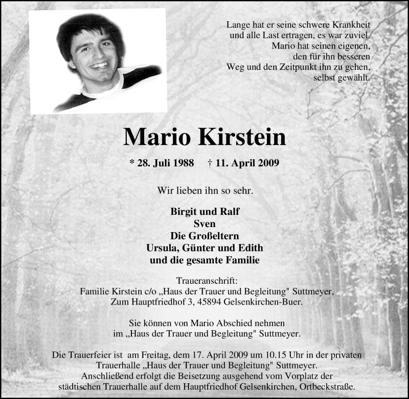  Traueranzeige für Mario Kirstein vom 15.04.2009 aus Tageszeitung