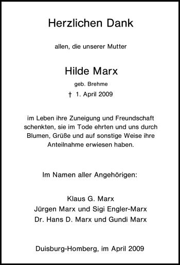 Traueranzeige von Hilde Marx von Tageszeitung