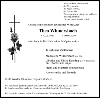 Traueranzeige von Theo Winnersbach von Tageszeitung