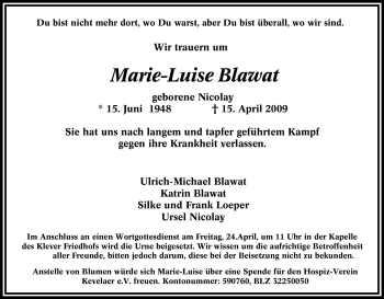 Traueranzeige von Marie-Luise Blawat von Tageszeitung