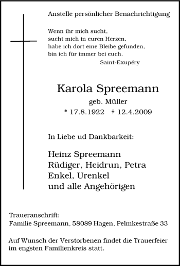 Traueranzeige von Karola Spreemann von Tageszeitung