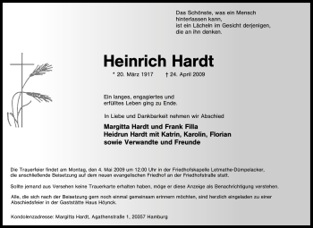 Traueranzeige von Heinrich Hardt von Tageszeitung