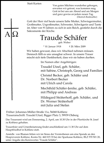Traueranzeige von Traude Schäfer von Tageszeitung