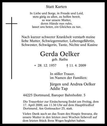 Traueranzeige von Gerda Oelker von Tageszeitung
