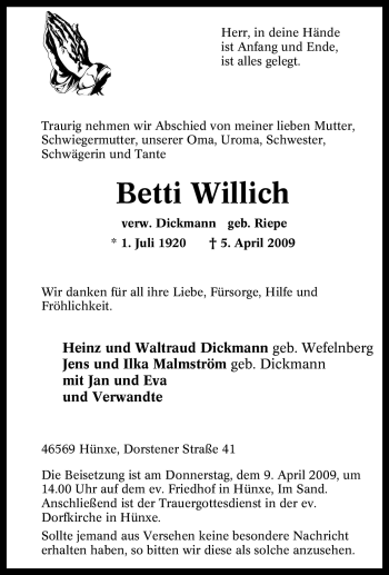 Traueranzeige von Betti Willich von Tageszeitung
