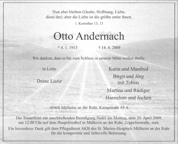 Traueranzeige von Otto Andernach von Tageszeitung