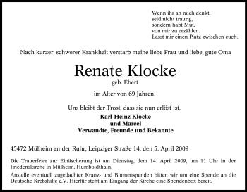 Traueranzeige von Renate Klocke von Tageszeitung