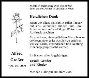 Traueranzeige von Alfred Großer von Tageszeitung