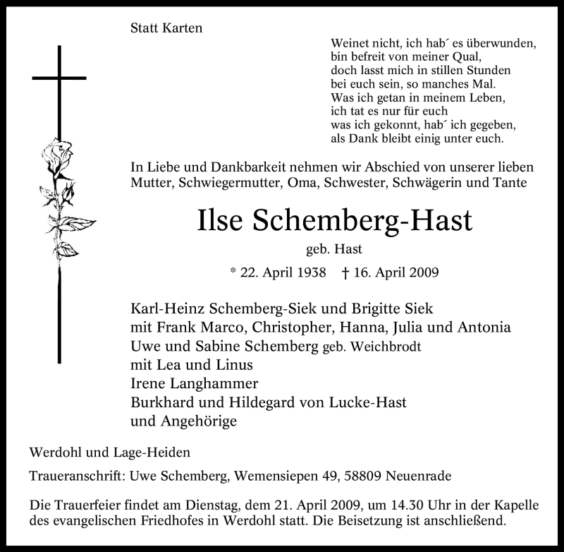  Traueranzeige für Ilse Schemberg-Hast vom 18.04.2009 aus Tageszeitung