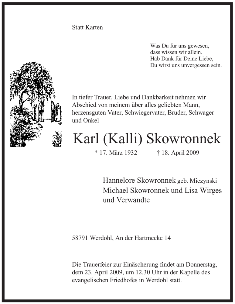  Traueranzeige für Karl Skowronnek vom 21.04.2009 aus Tageszeitung