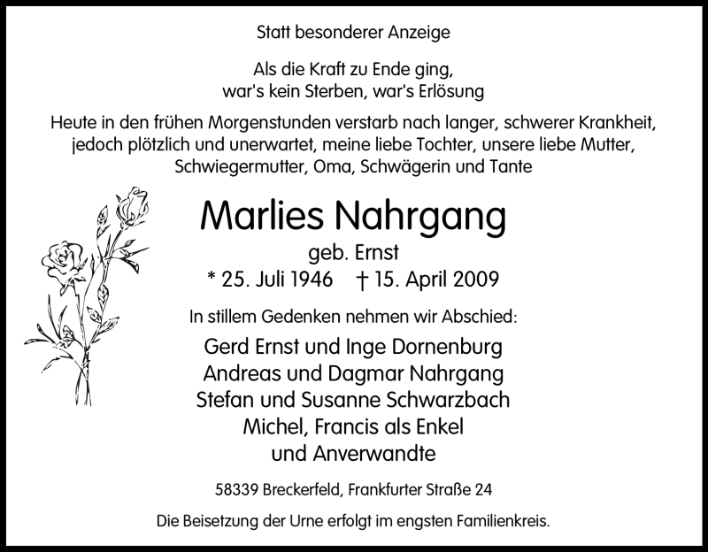 Traueranzeige für Marlies Nahrgang vom 18.04.2009 aus Tageszeitung