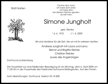 Traueranzeige von Simone Jungholt von Tageszeitung