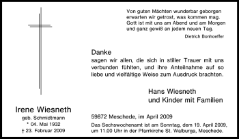 Traueranzeige von Irene Wiesneth von Tageszeitung