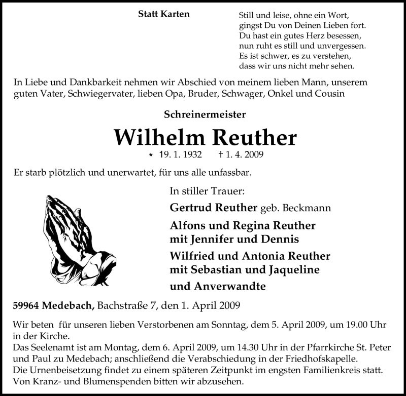  Traueranzeige für Wilhelm Reuther vom 03.04.2009 aus Tageszeitung