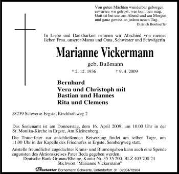 Traueranzeige von Marianne Vickermann von Tageszeitung