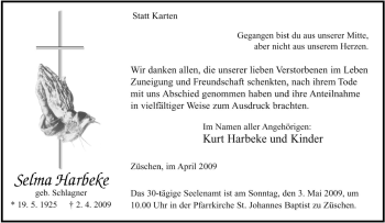 Traueranzeige von Selma Harbeke von Tageszeitung