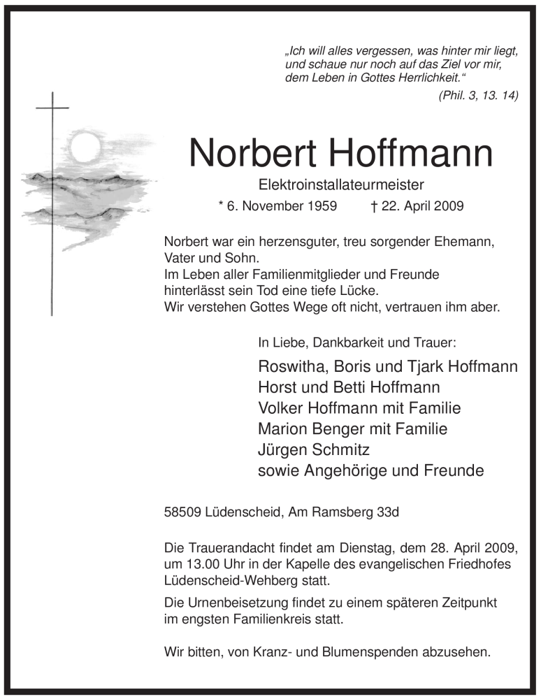  Traueranzeige für Norbert Hoffmann vom 25.04.2009 aus Tageszeitung