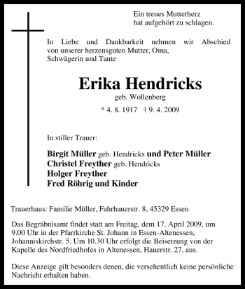 Traueranzeige von Erika Hendricks von Tageszeitung