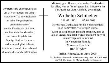 Traueranzeige von Wilhelm Schmelter von Tageszeitung
